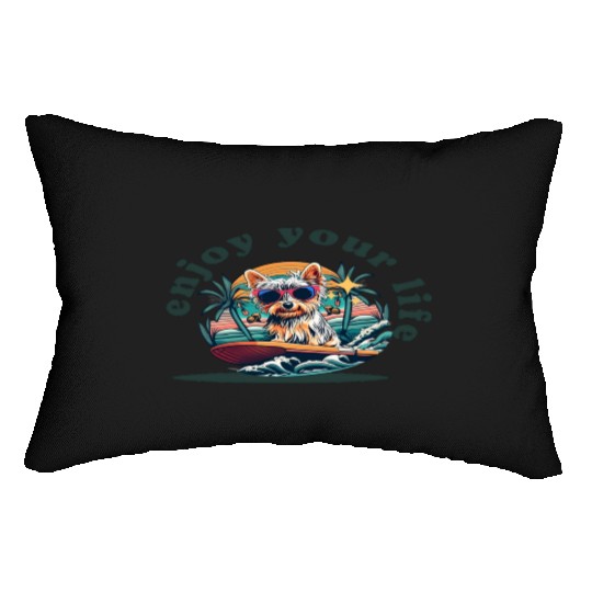 Enjoy Your Life: Yorkie Dog Surfing Premium Cotton Lumbar Pillows