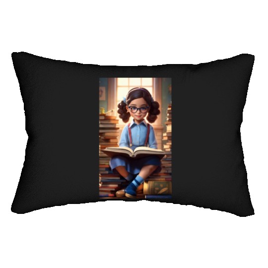 A sweet 5 year old girl wearing a light blue butto Lumbar Pillows