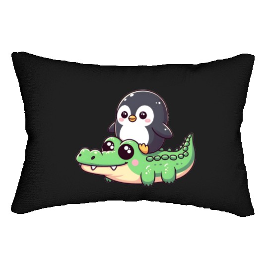 Penguin on crocodile safar Lumbar Pillows