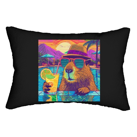 Capybara on vacation sipping on Lemonade Lumbar Pillows