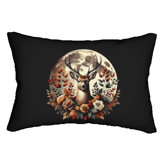 Cottagecore Deer With Flowers In front Of Moon Lumbar Pillows