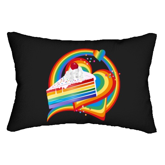 Piece of rainbow cake with cream and cherry Lumbar Pillows