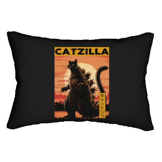 Catzilla Vintage Funny Cute Cat Art Japanese Sunse Lumbar Pillows
