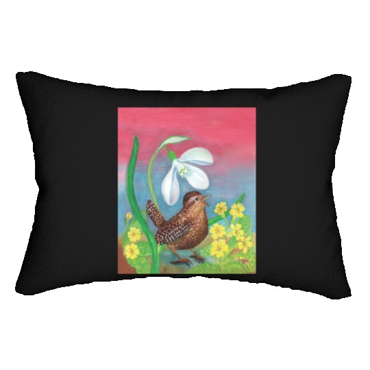 White Snowdrop & Wren Bird in Spring Illustration Lumbar Pillows