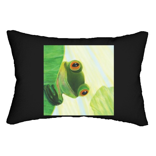 Cute Green Frog Peeping out From Behind Lily Pad Lumbar Pillows
