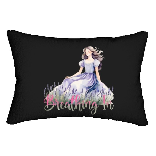 Girl in Lavender Dress Relaxing in Flower Field Lumbar Pillows
