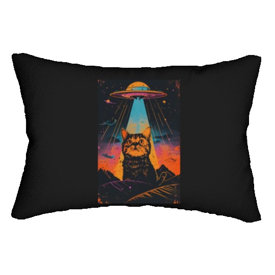 Catzilla Vintage Funny Cute Cat Art Alien and Cat Lumbar Pillows
