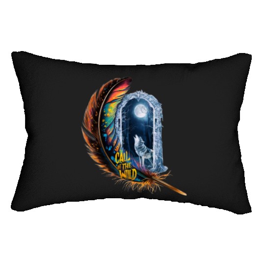 Glowing feather with wolf howling at the moon Lumbar Pillows