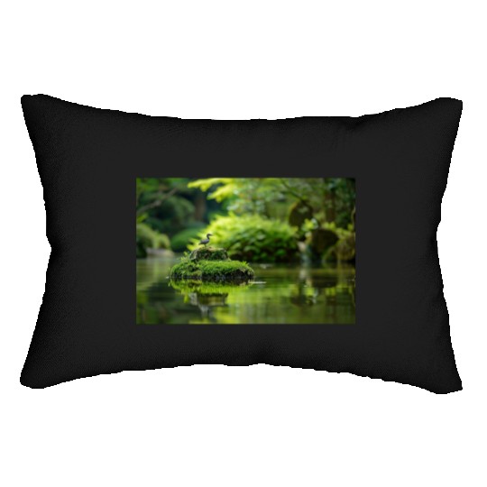 Serene Pond with Bird on Mossy Rock Lumbar Pillows