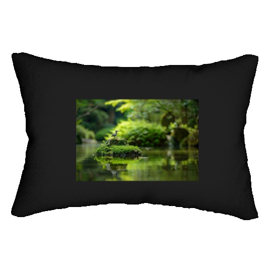 Serene Pond with Bird on Mossy Rock Lumbar Pillows