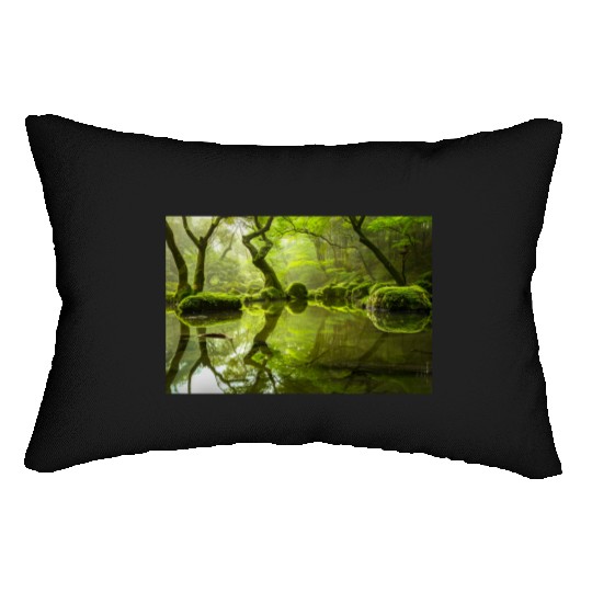 Enchanted Forest Reflections in Tranquil Pond Lumbar Pillows