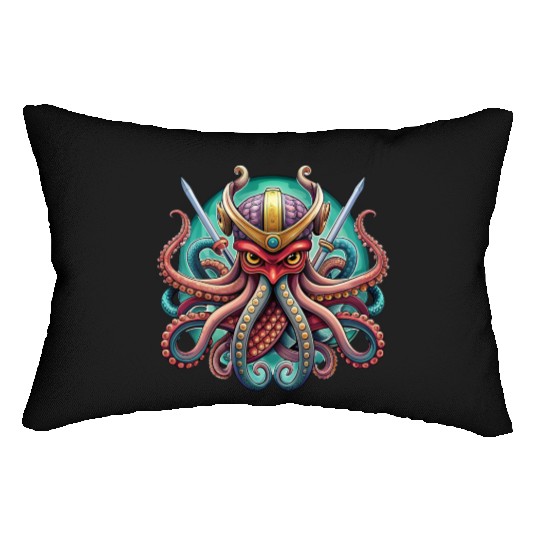 Colorful octopus samurai illustration Lumbar Pillows