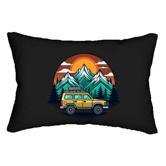Camper Van parked Lake with Mountains Lumbar Pillows