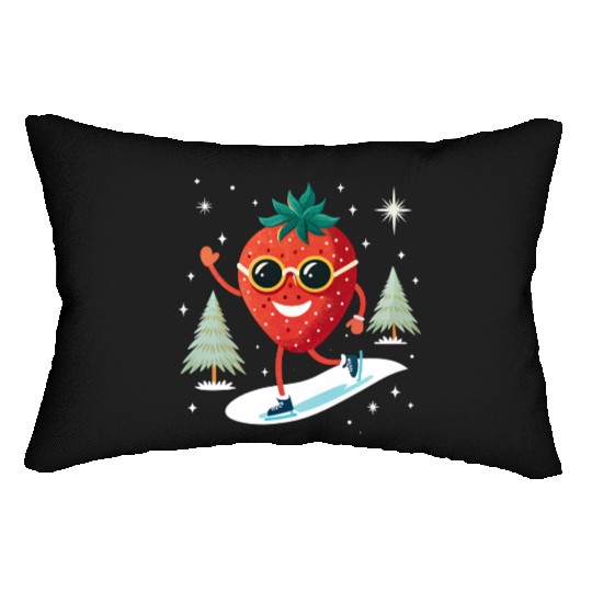 Strawberry with sunglasses skating on snow. Lumbar Pillows