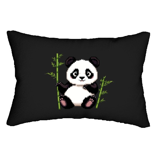 A pixel art of a panda with a bamboo leaf Lumbar Pillows