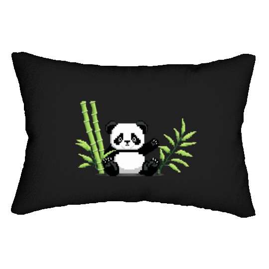 A pixel art of a panda with a bamboo leaf Lumbar Pillows