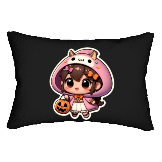Tender little girl with pumpkin on Halloween Lumbar Pillows