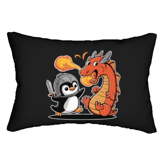Knight Penguin Vs Fiery Dragon Showdown Lumbar Pillows