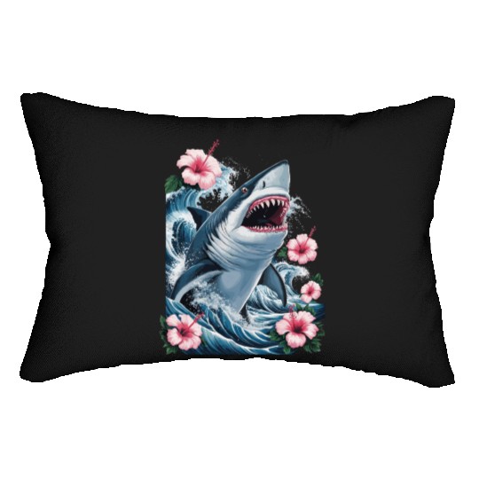 Fierce Shark Amidst Waves and Hibiscus Blooms Lumbar Pillows