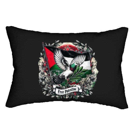 Pigeon holding olive's leaf free Palestine Flag Lumbar Pillows