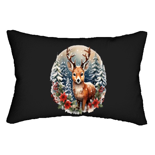 Christmas Deer with Poinsettia and Snow Lumbar Pillows