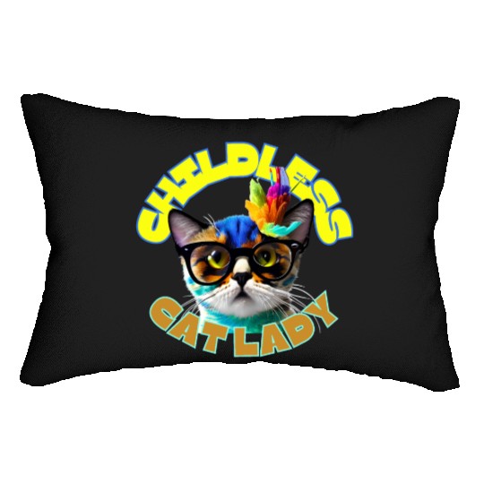Colorful Cat with Glasses - Childless Cat Lady Lumbar Pillows