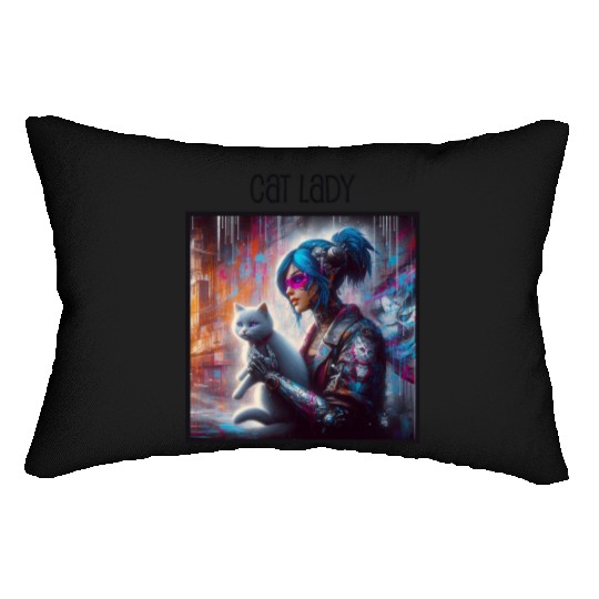 Cat Lady (Cyberpunk) Street Art v1 Lumbar Pillows