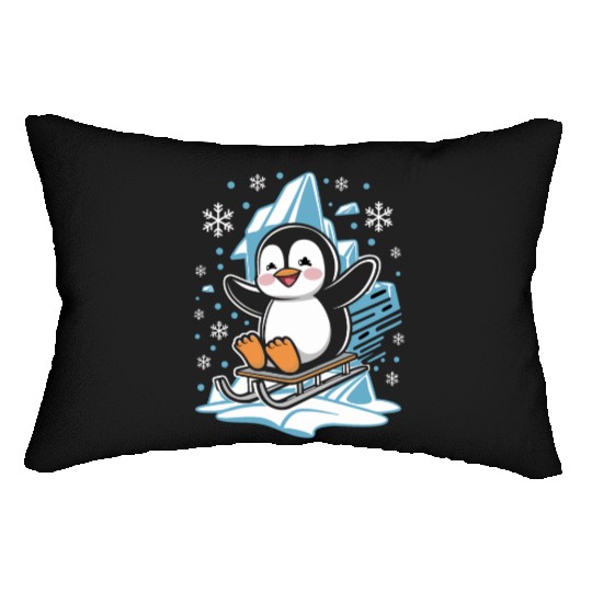 Happy Penguin On Sled Amid Snowflakes Lumbar Pillows