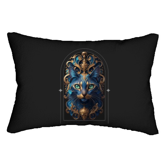 Elegant stylish blue and gold cat face Lumbar Pillows
