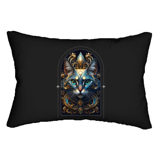 Elegant stylish blue and gold cat face Lumbar Pillows