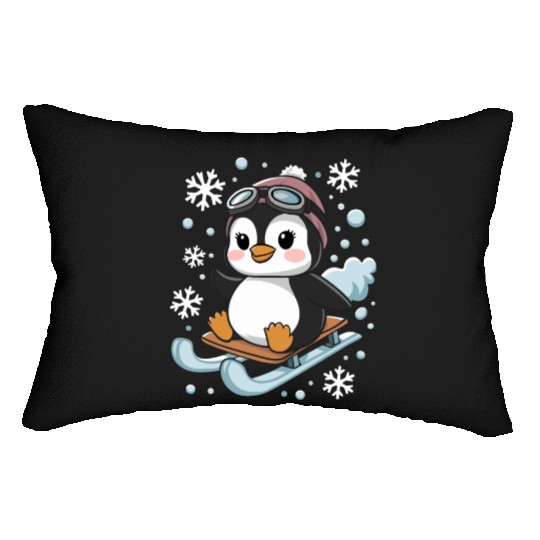 Cute Penguin Sledding with Snowflakes Lumbar Pillows