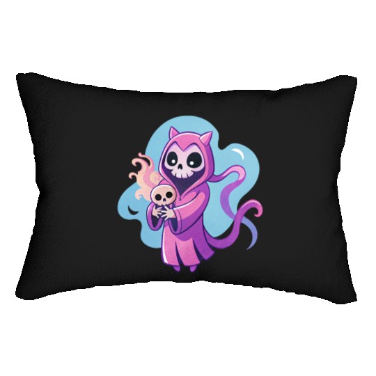 skeletal figure, violet pink robe, lavender puppy Lumbar Pillows