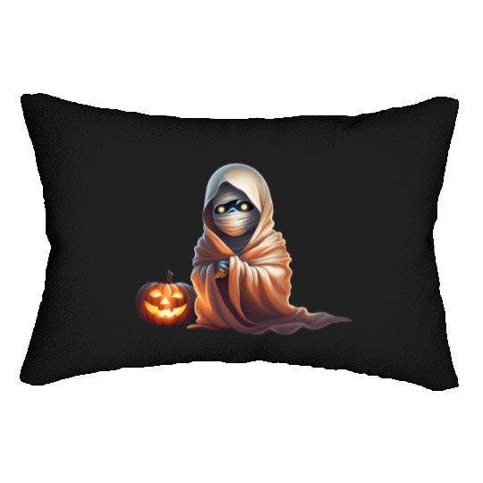 Little Mummy Sitting with Pumpkin Lumbar Pillows