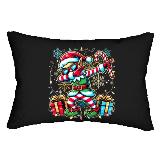 Dabbing Elf with Candy Cane and Presents Lumbar Pillows
