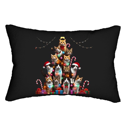 Christmas Cats Tree with Lights and Gifts Lumbar Pillows