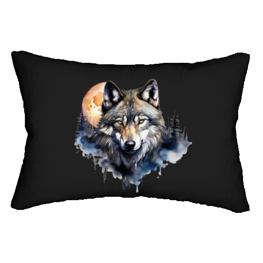 Wolf Portrait Under Full Moon Design Lumbar Pillows