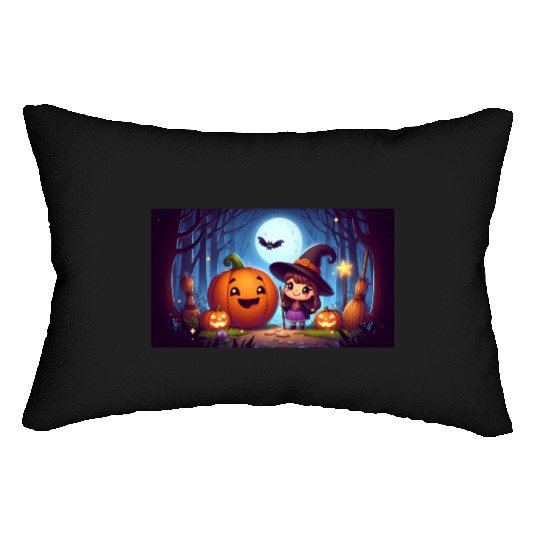 Halloween Witch and Jack-o'-Lantern Scene Lumbar Pillows