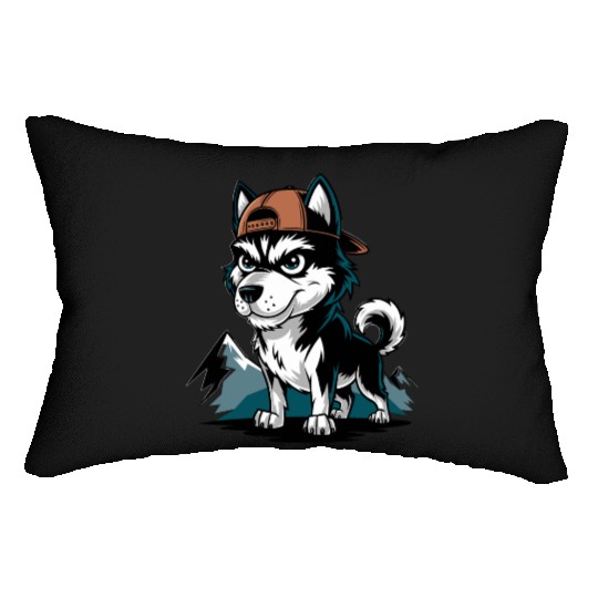 Tough Husky Wearing Cap In Mountains Lumbar Pillows