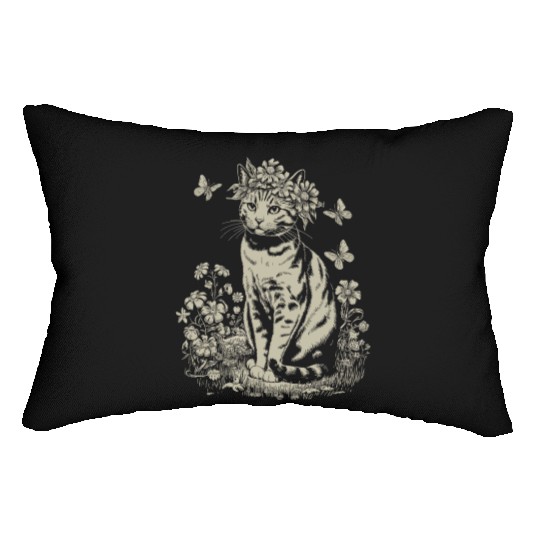Cottagecore Cat with Flower Crown in Garden Lumbar Pillows