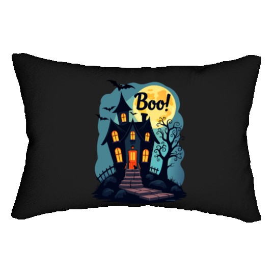 spooky haunted house with a black cat sitting Lumbar Pillows