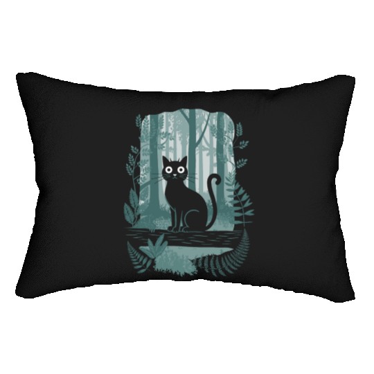 Cottagecore Black Cat In enchanting Forest Lumbar Pillows