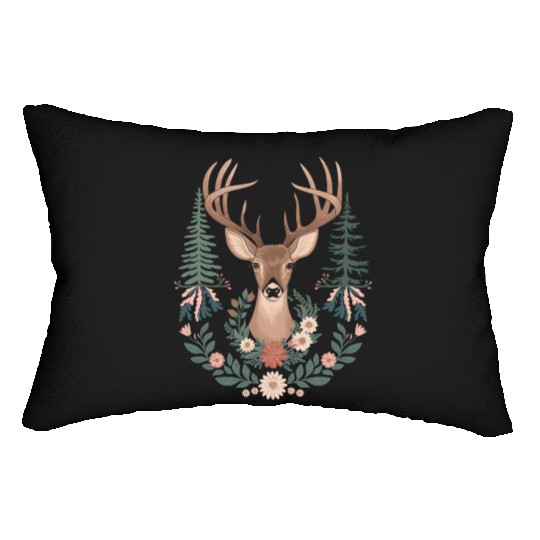 Cottagecore Deer with Floral Wreath and Evergreen Lumbar Pillows