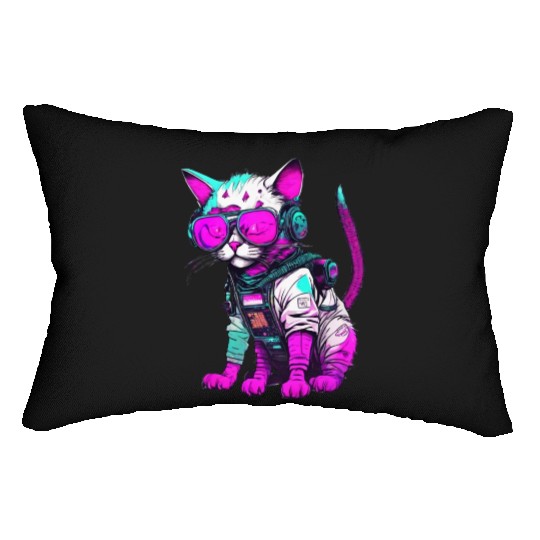 Punk Space Cat with Neon Goggles Lumbar Pillows