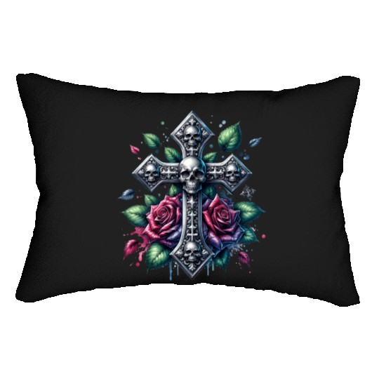 Gothic Collection - Cross, Skulls & Red Roses Lumbar Pillows