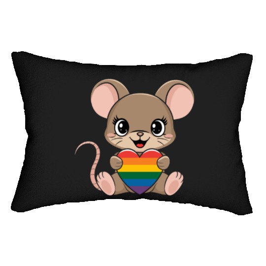 Cute Mouse Holding LGTBQ Rainbow Heart Lumbar Pillows