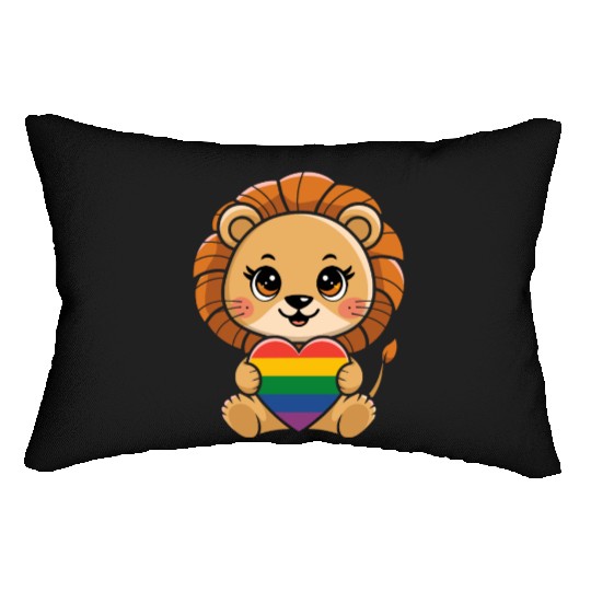 Cute Lion Holding Rainbow Heart LGTBQ Pride Lumbar Pillows