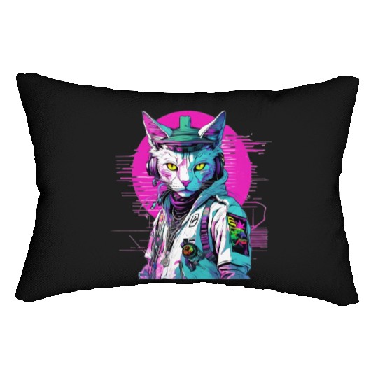 Neon Cyberpunk Warrior Cat Lumbar Pillows