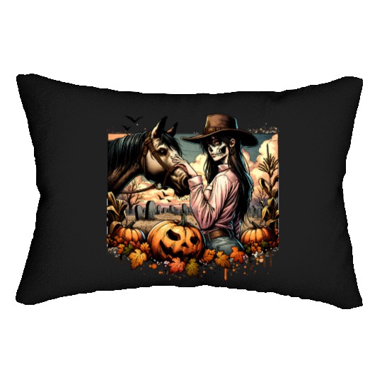 Haunting Cowgirl and Horse in Halloween Graveyard Lumbar Pillows