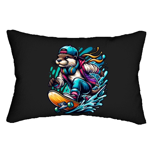 Cool Otter Skateboarding with Headphones Vibrant Lumbar Pillows