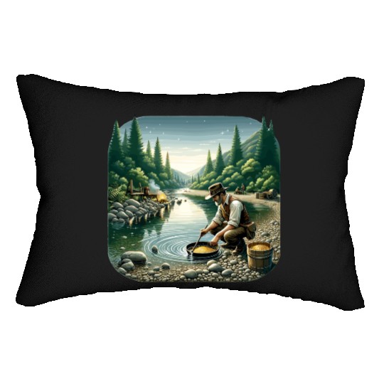 Gold Prospector by the River in a Serene Forest Lumbar Pillows